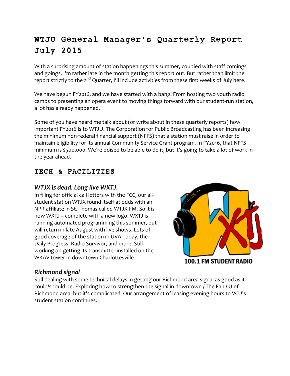 WTJU General Manager's Quarterly Report July 2015