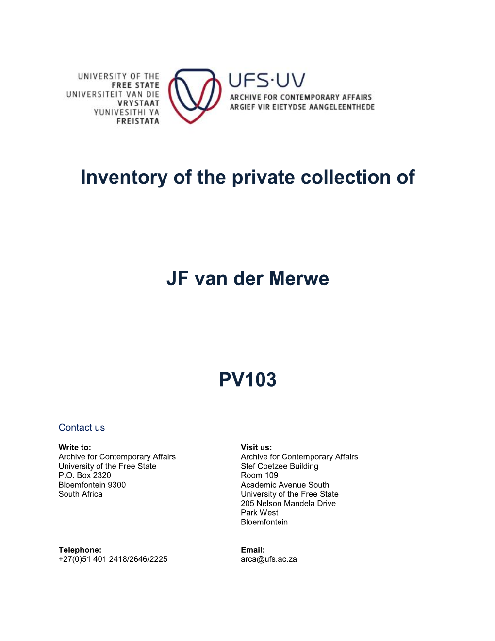 Inventory of the Private Collection of JF Van Der Merwe PV103