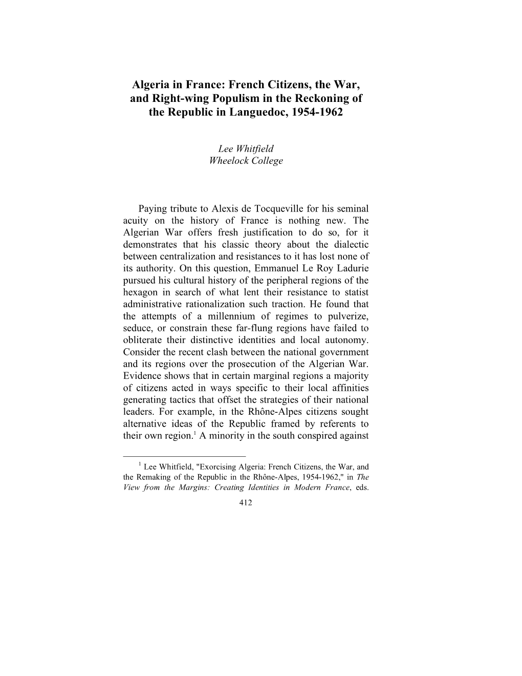 Algeria in France: French Citizens, the War, and Right-Wing Populism in the Reckoning of the Republic in Languedoc, 1954-1962