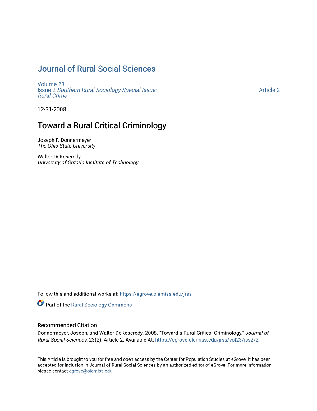 Toward a Rural Critical Criminology