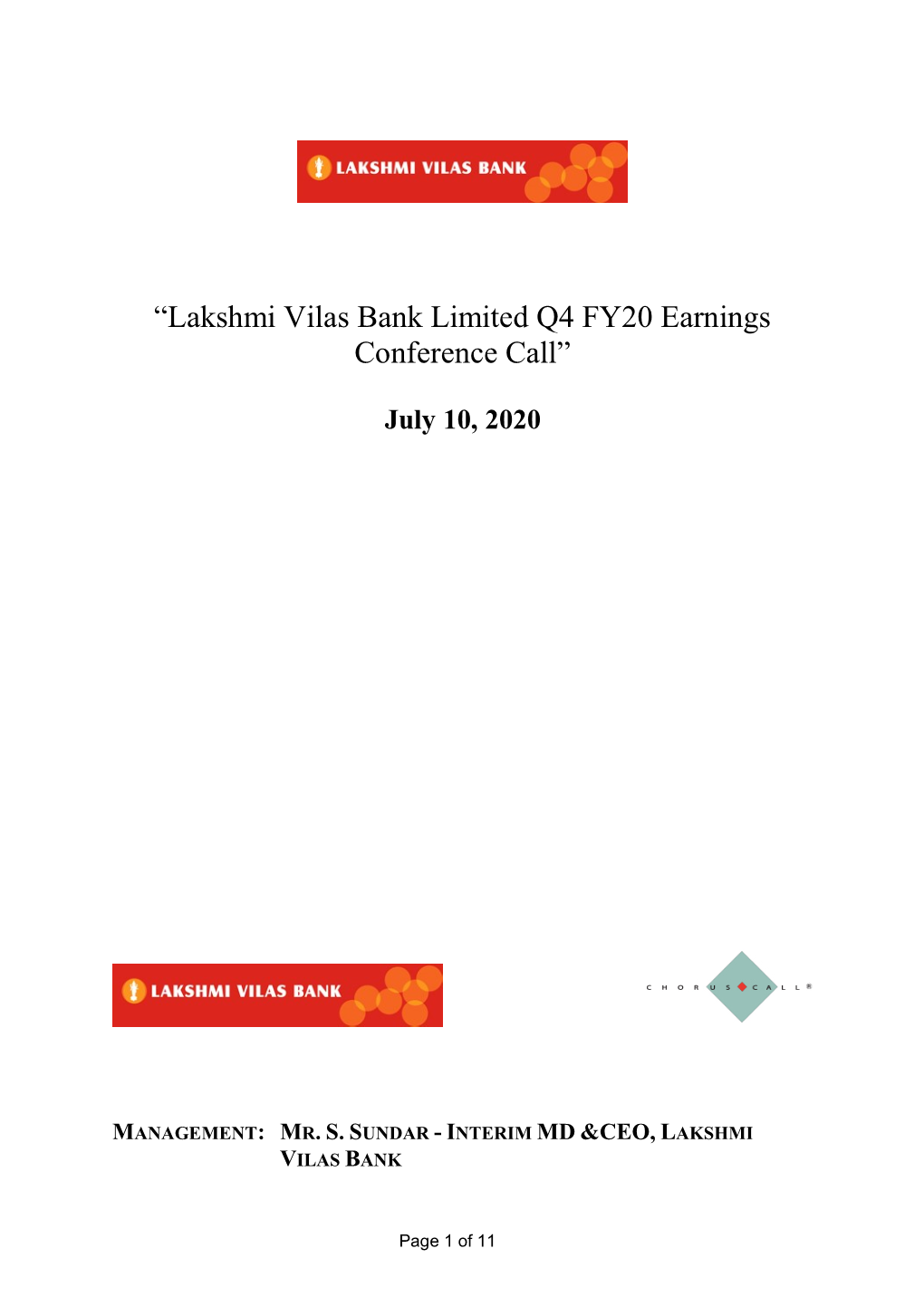 “Lakshmi Vilas Bank Limited Q4 FY20 Earnings Conference Call”