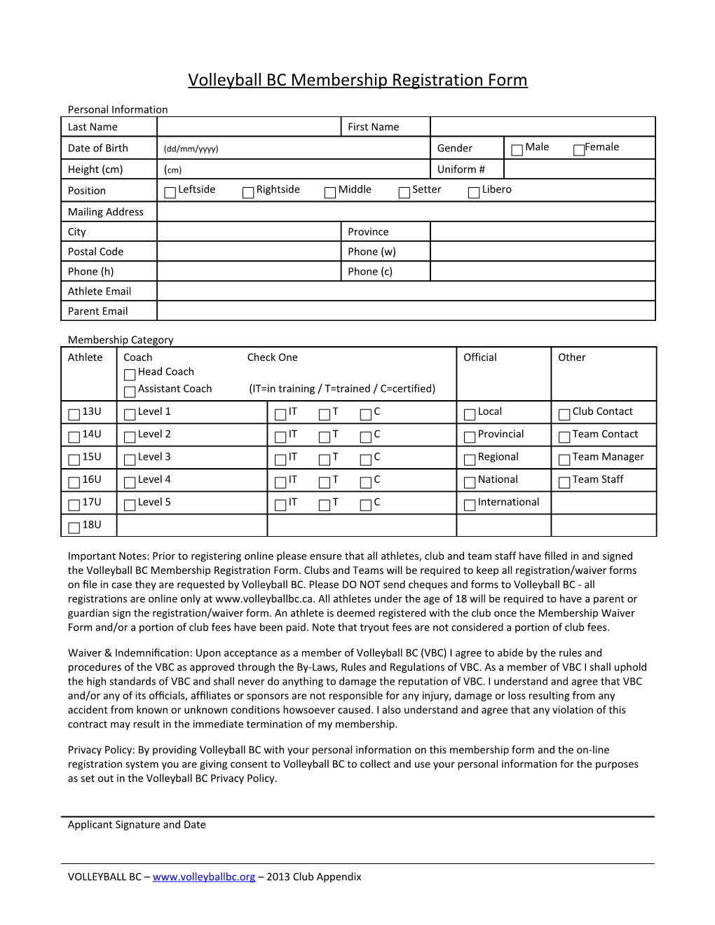 Volleyball BC Membership Registration Form