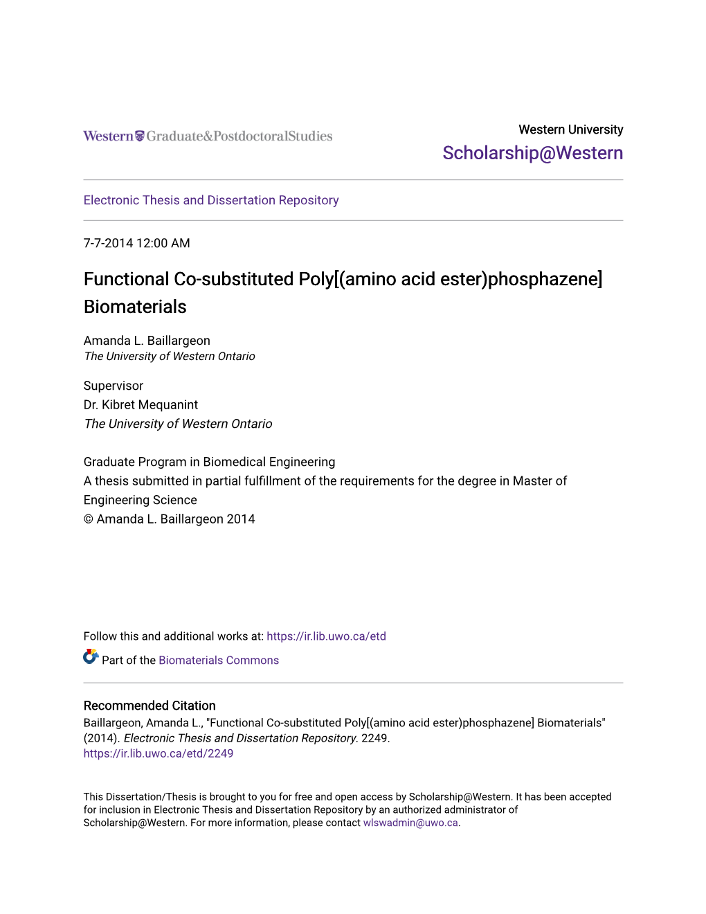 Functional Co-Substituted Poly[(Amino Acid Ester)Phosphazene] Biomaterials