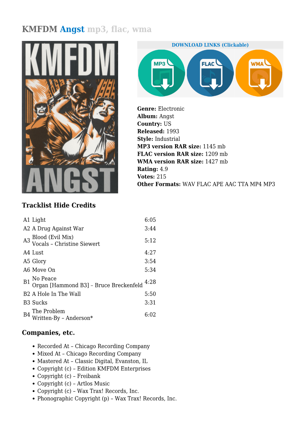 KMFDM Angst Mp3, Flac, Wma