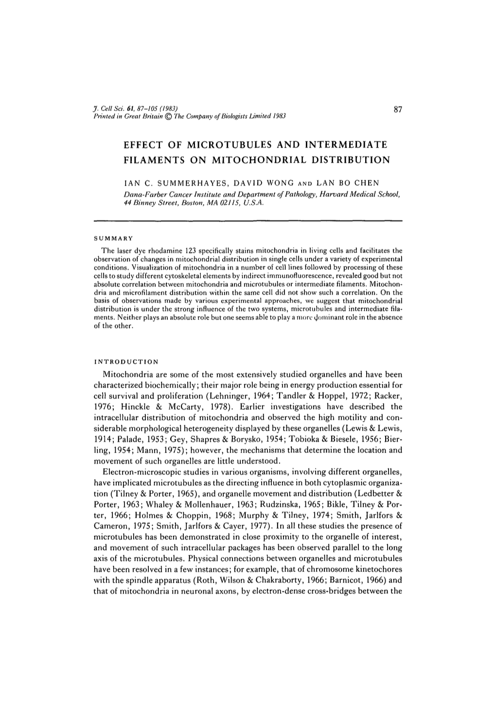 Effect of Microtubules and Intermediate Filaments on Mitochondrial Distribution