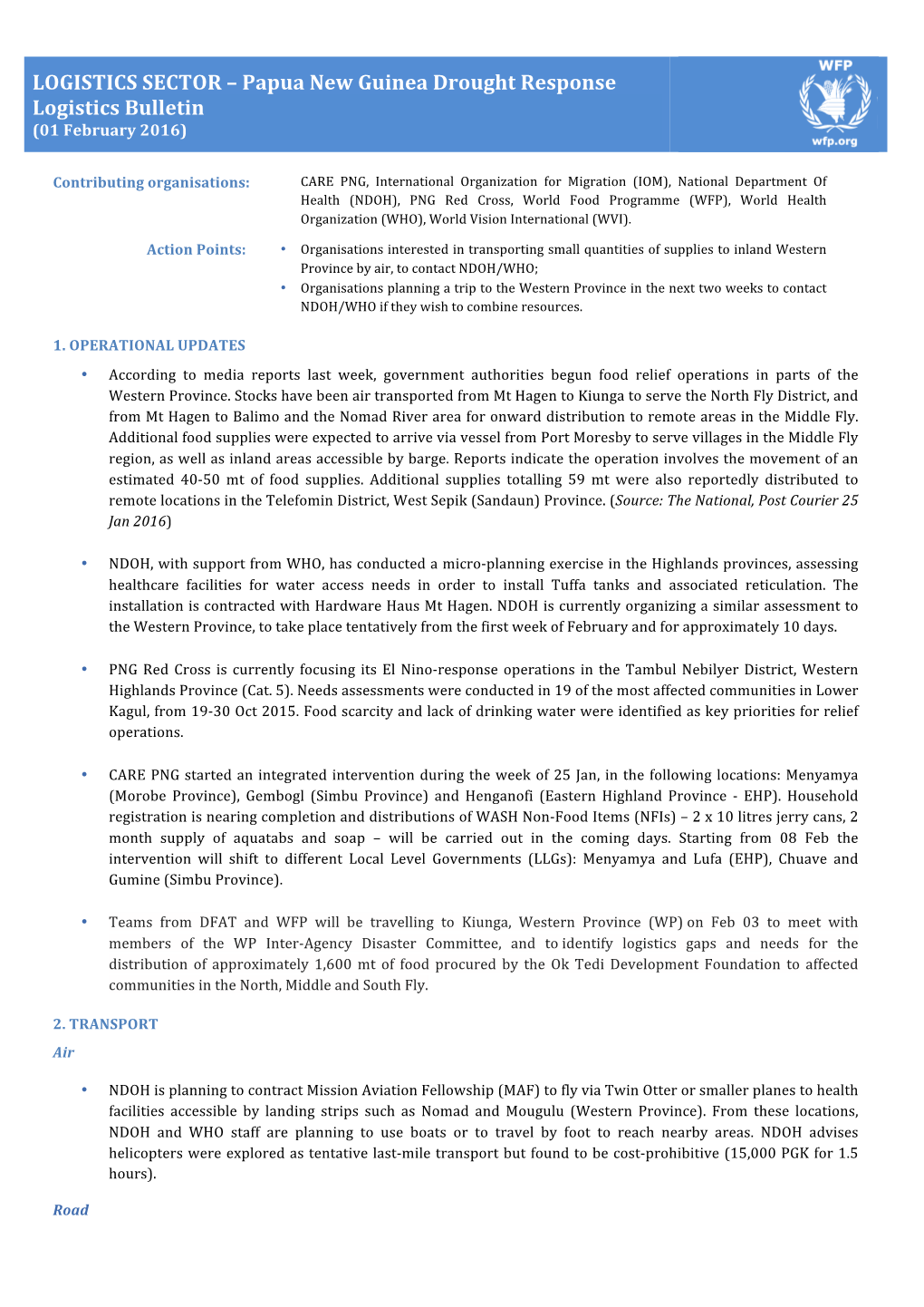 Papua New Guinea Drought Response Logistics Bulletin (01 February 2016)