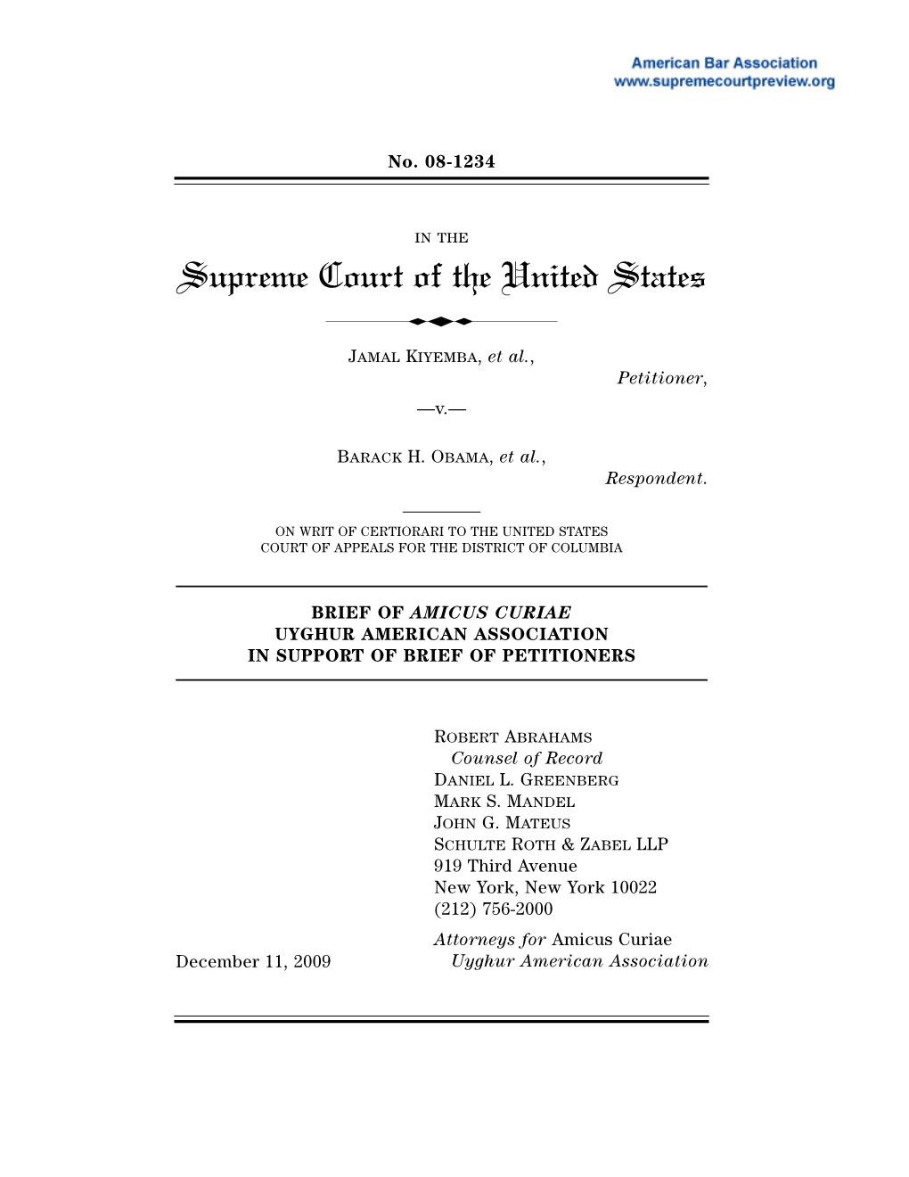 Brief of Petitioner for Kiyemba V. Obama, 08-1234