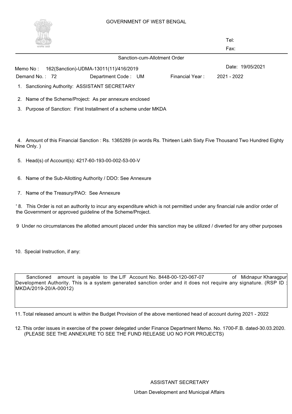 GOVERNMENT of WEST BENGAL Tel: Sanctioned Amount Is Payable