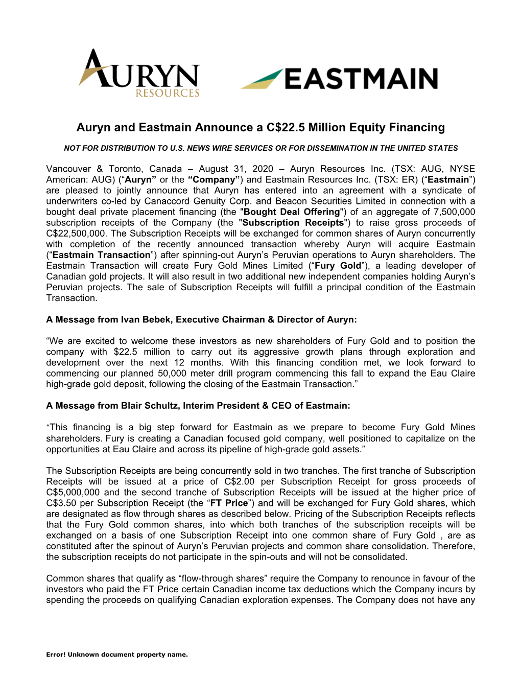 Auryn and Eastmain Announce a C$22.5 Million Equity Financing