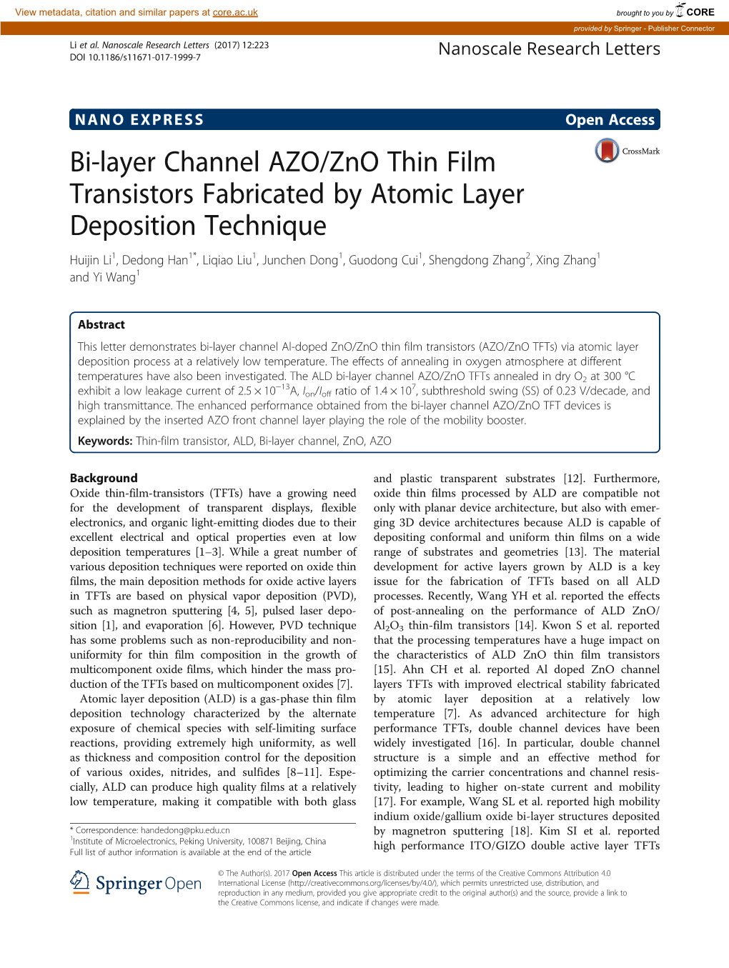 Bi-Layer Channel AZO/Zno Thin Film Transistors Fabricated by Atomic