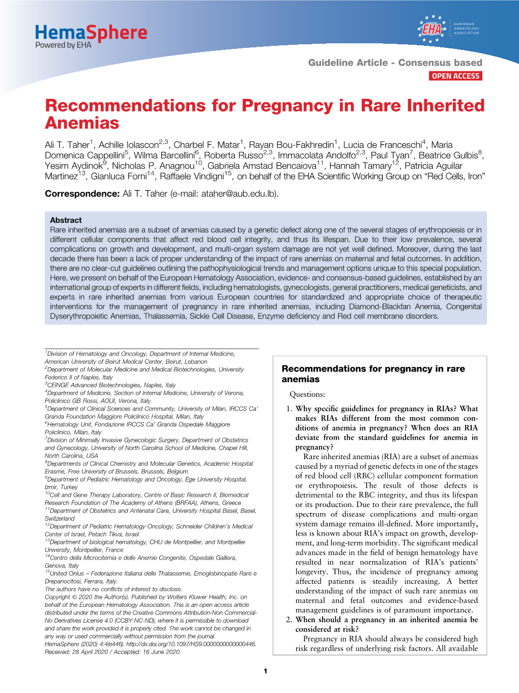 Recommendations for Pregnancy in Rare Inherited Anemias Ali T