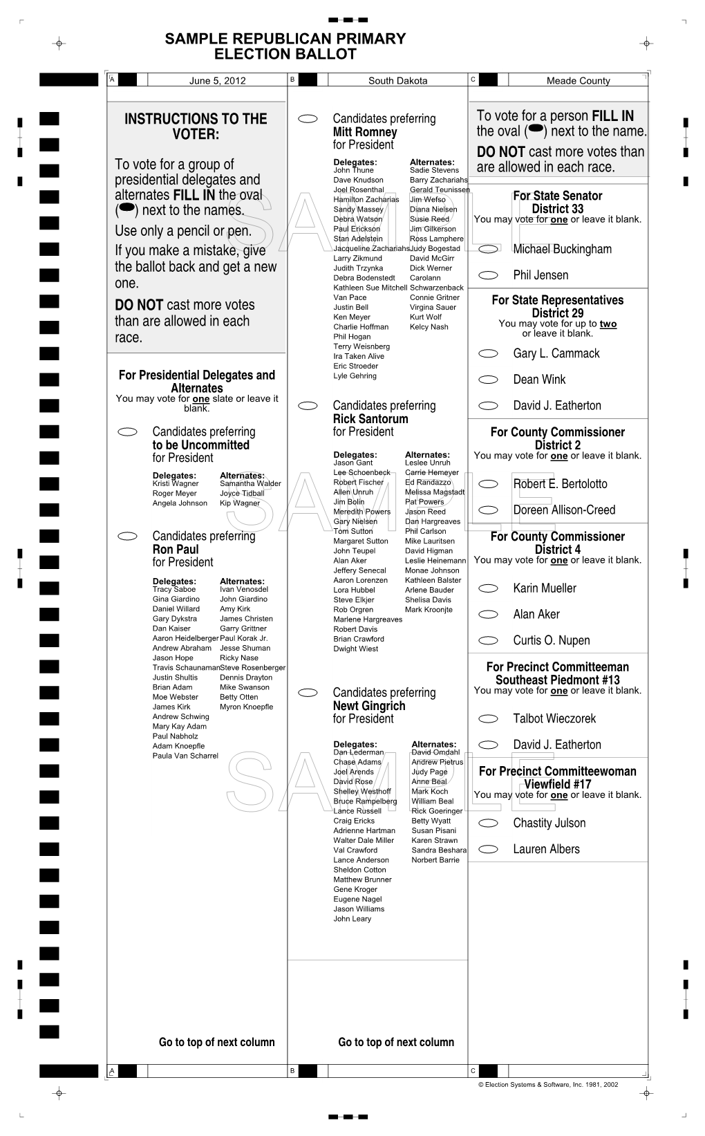 Sample Republican Primary Election Ballot