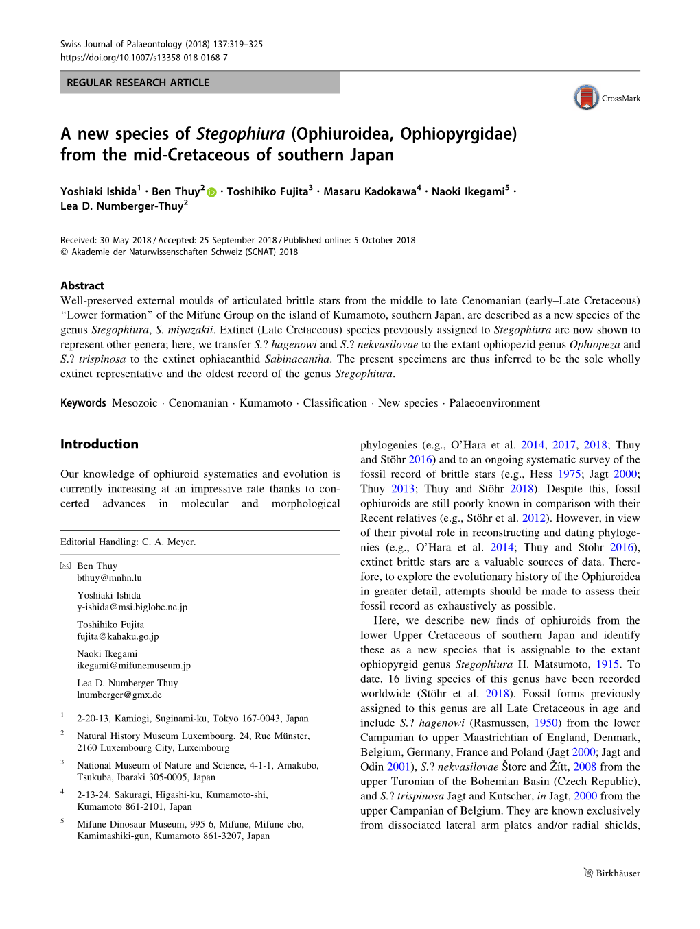 A New Species of Stegophiura (Ophiuroidea, Ophiopyrgidae) from the Mid-Cretaceous of Southern Japan