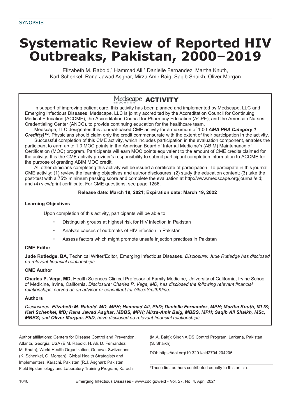 Systematic Review of Reported HIV Outbreaks, Pakistan, 2000–2019 Elizabeth M