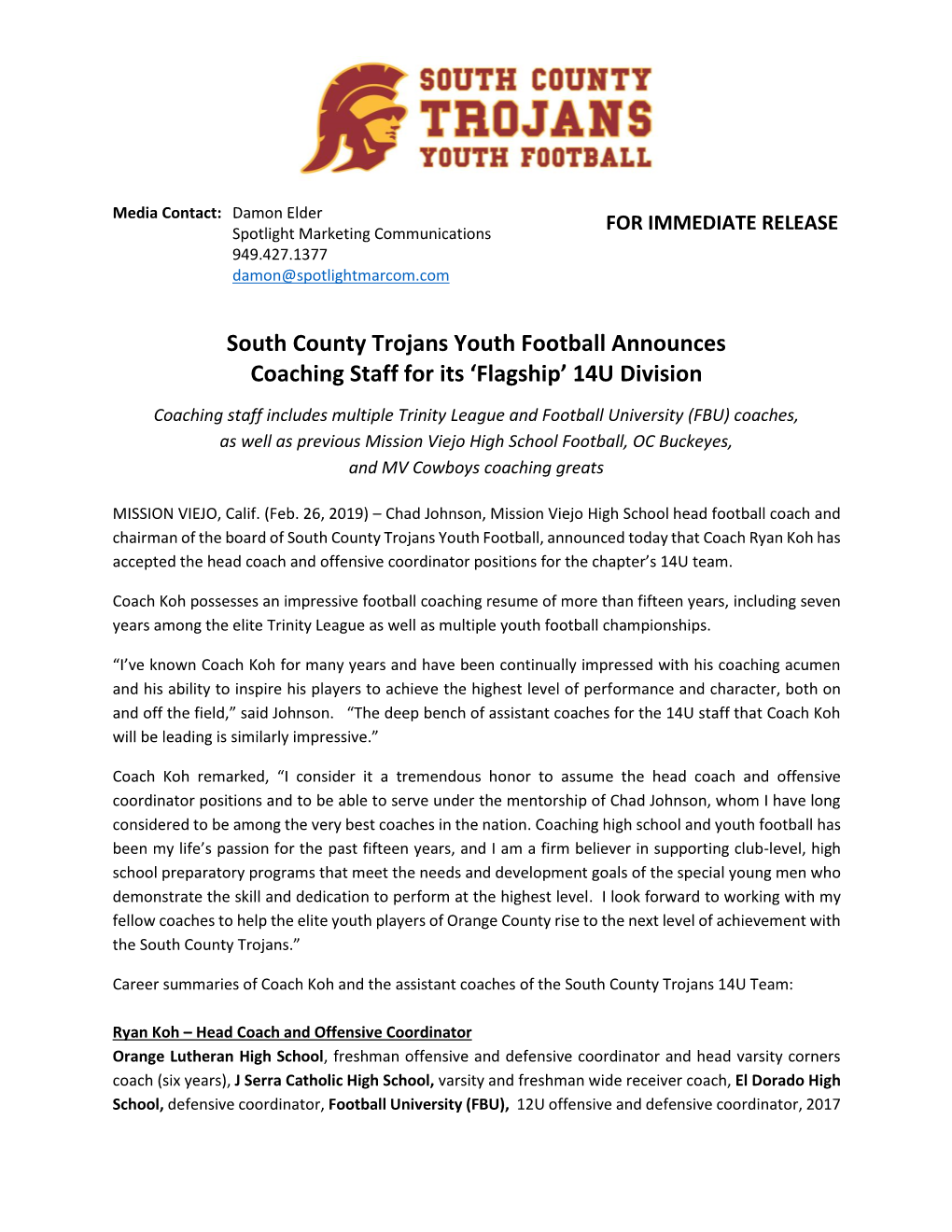 South County Trojans Youth Football Announces Coaching Staff for Its ‘Flagship’ 14U Division