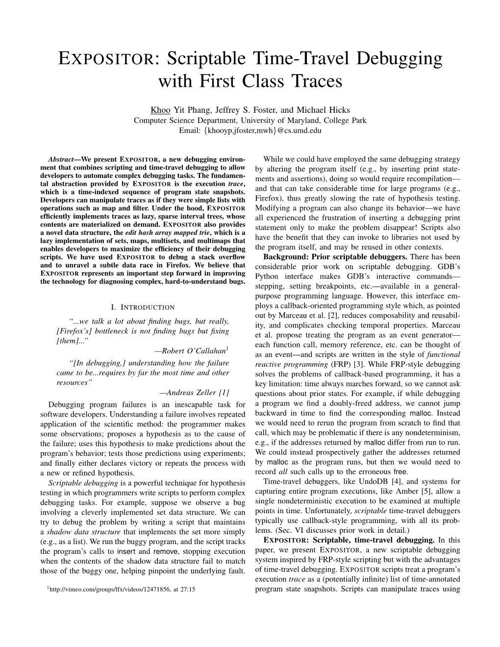 EXPOSITOR: Scriptable Time-Travel Debugging with First Class Traces