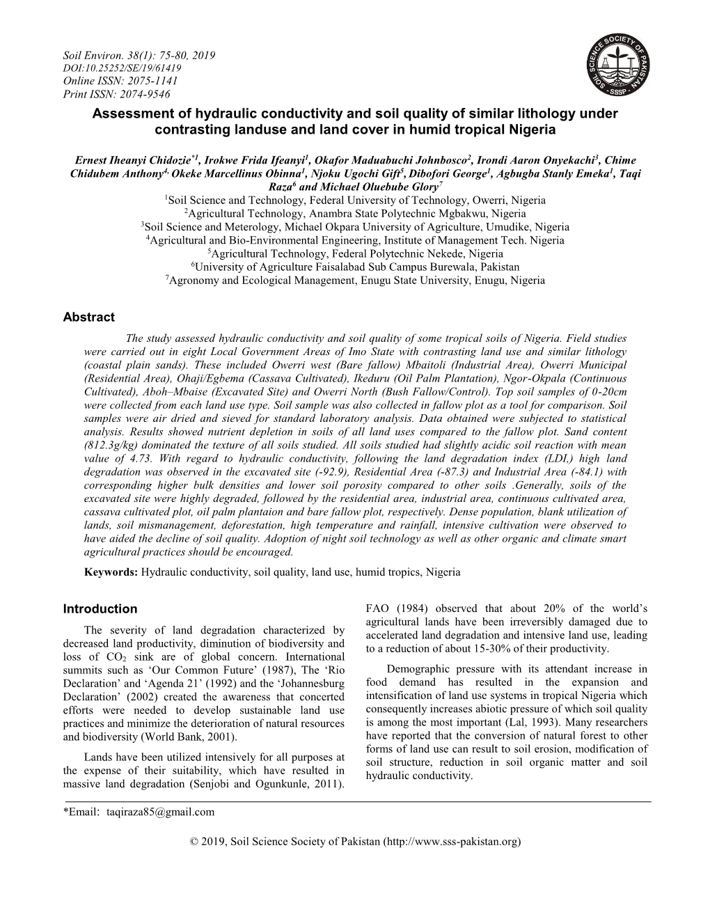 Assessment of Hydraulic Conductivity and Soil Quality of Similar Lithology Under Contrasting Landuse and Land Cover in Humid Tropical Nigeria