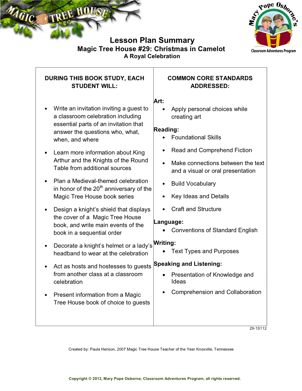 Lesson Plan Summary Magic Tree House #29: Christmas in Camelot a Royal Celebration