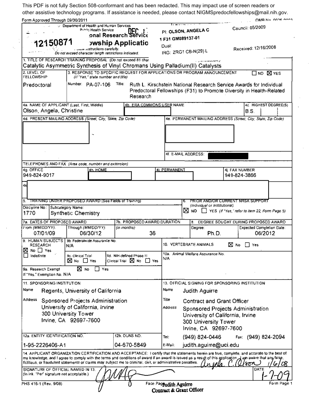 Angela Olson NRSA Individual Fellowship Application Example