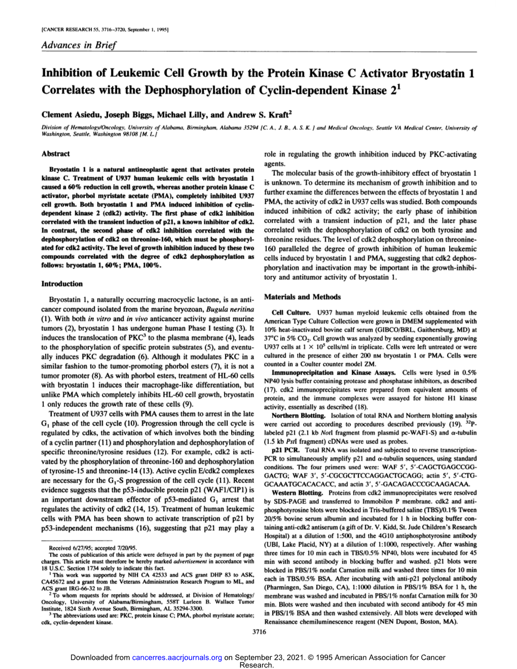 Inhibition of Leukemic Cell Growth by the Protein Kinase C Activator Bryostatin 1 Correlates with the Dephosphorylation of Cyclin-Dependent Kinase 21