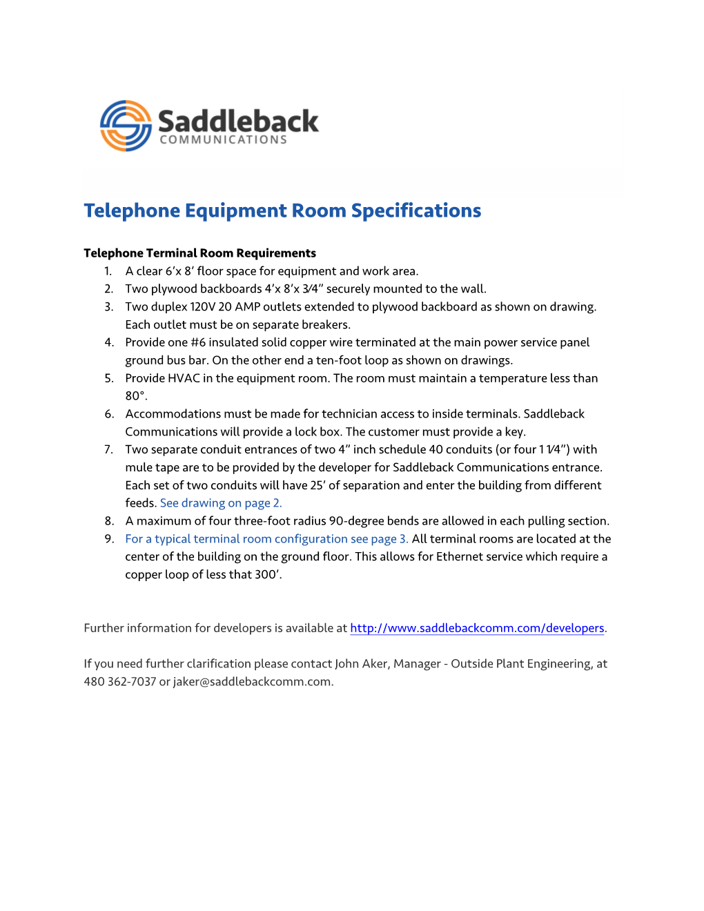 Telephone Equipment Room Specifications