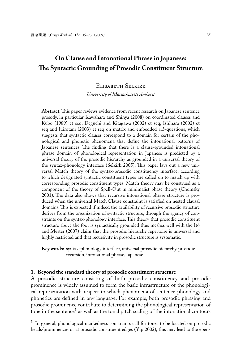 On Clause and Intonational Phrase in Japanese: Th E Syntactic Grounding of Prosodic Constituent Structure