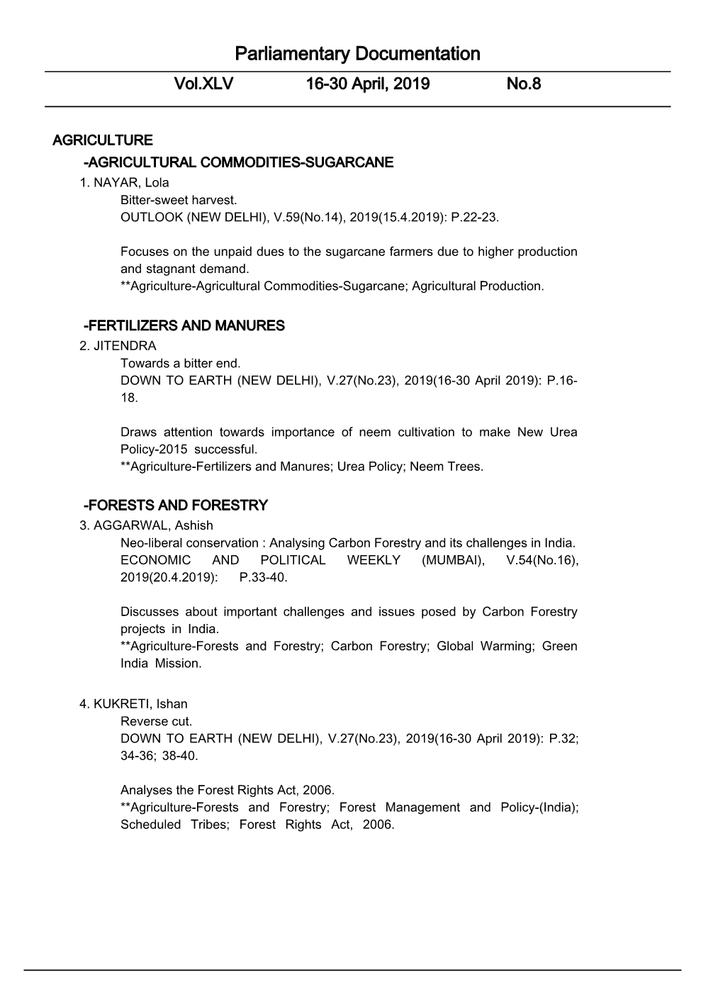 Parliamentary Documentation Vol.XLV 16-30 April, 2019 No.8