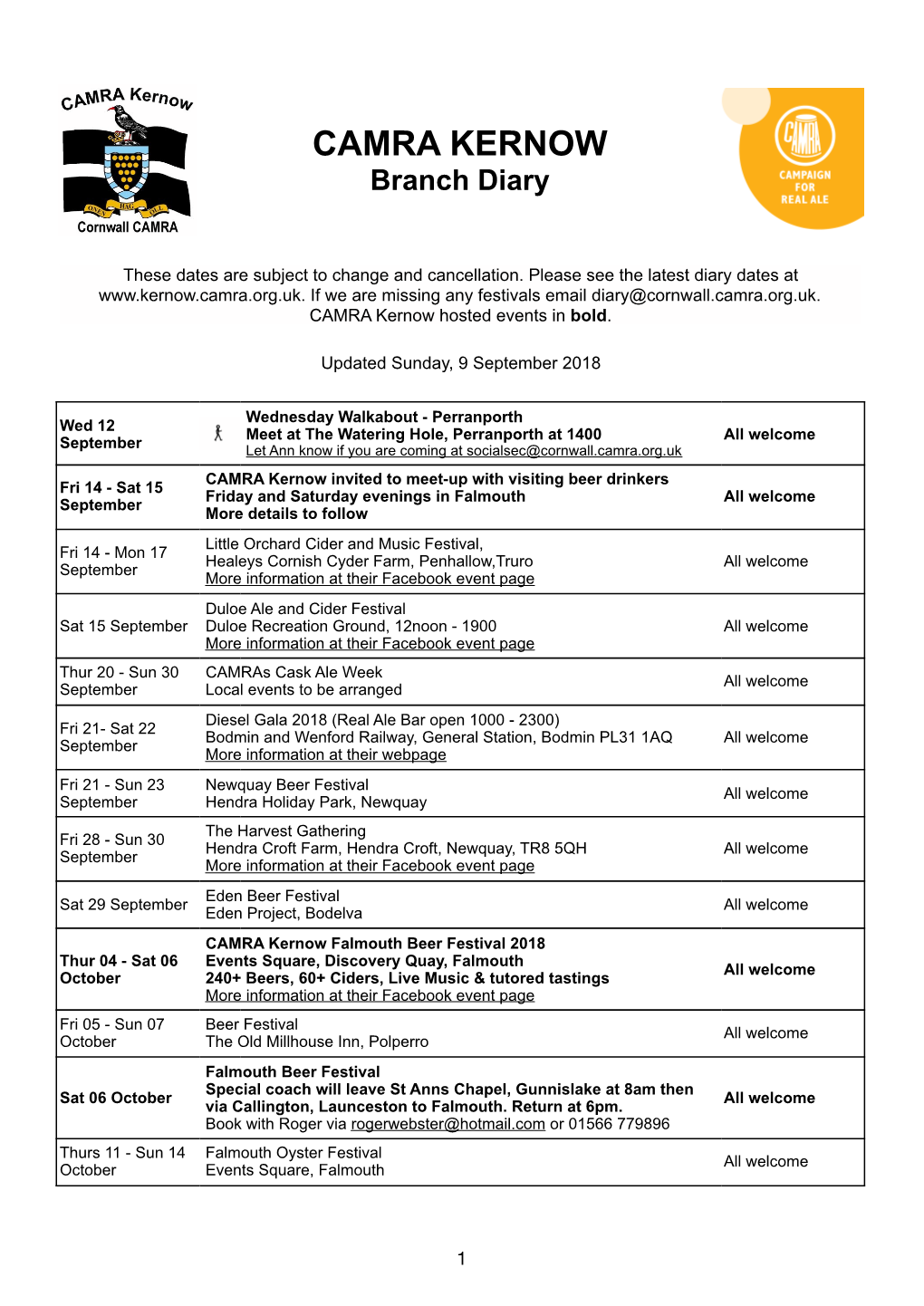 CAMRA KERNOW Branch Diary