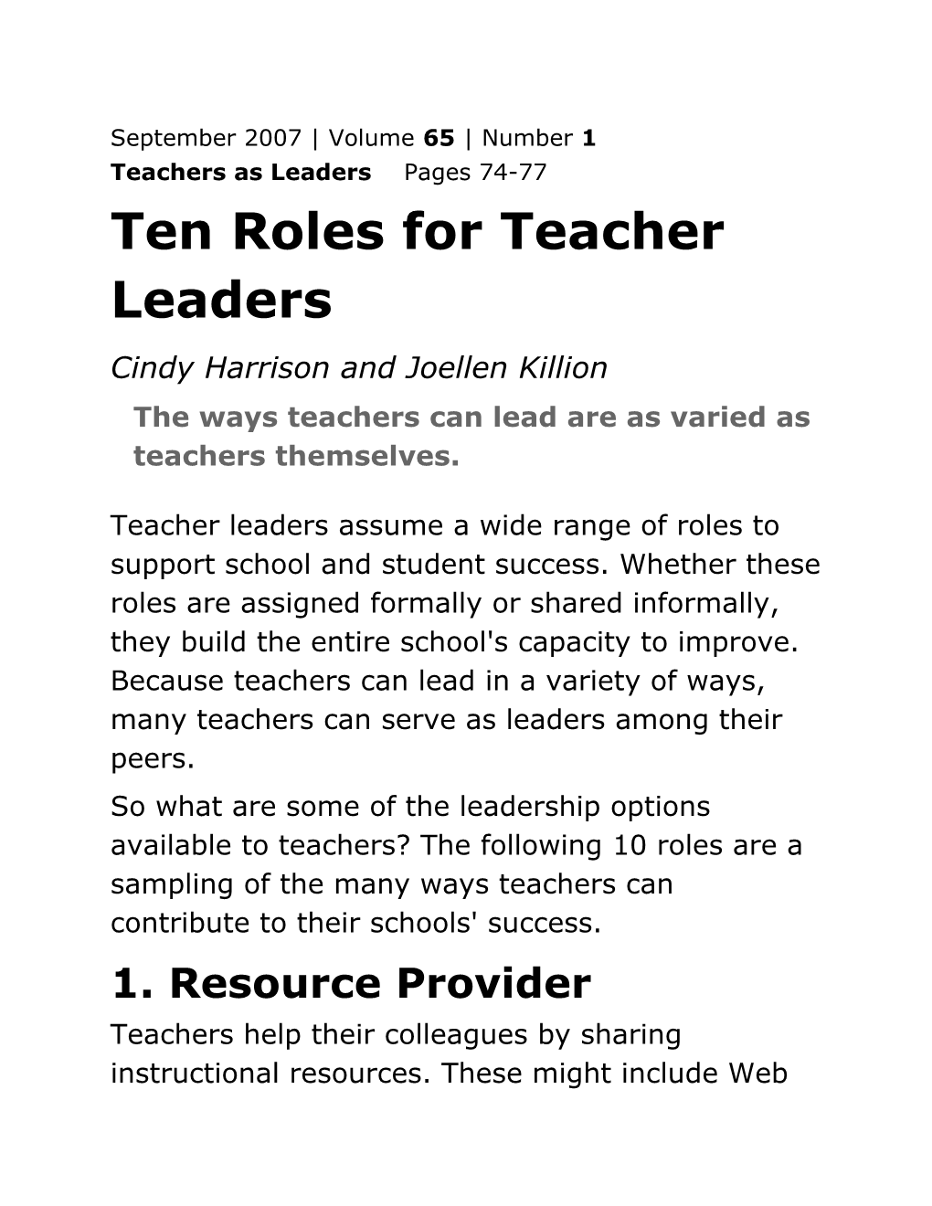 Ten Roles for Teacher Leaders
