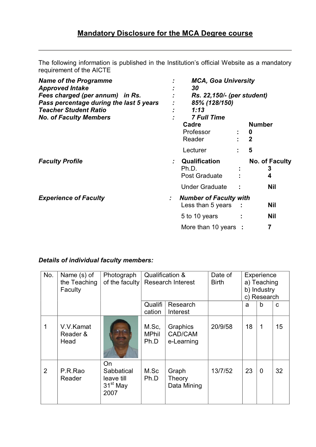 Mandatory Disclosure for the MCA Degree Course