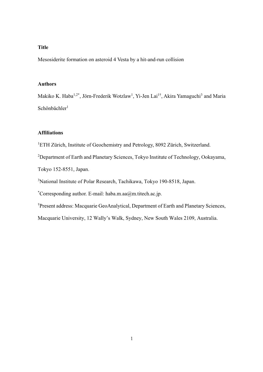 Title Mesosiderite Formation on Asteroid 4 Vesta by a Hit-And-Run