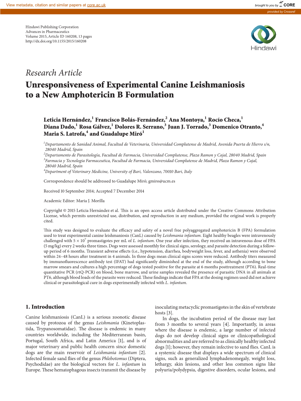 Research Article Unresponsiveness of Experimental Canine Leishmaniosis to a New Amphotericin B Formulation