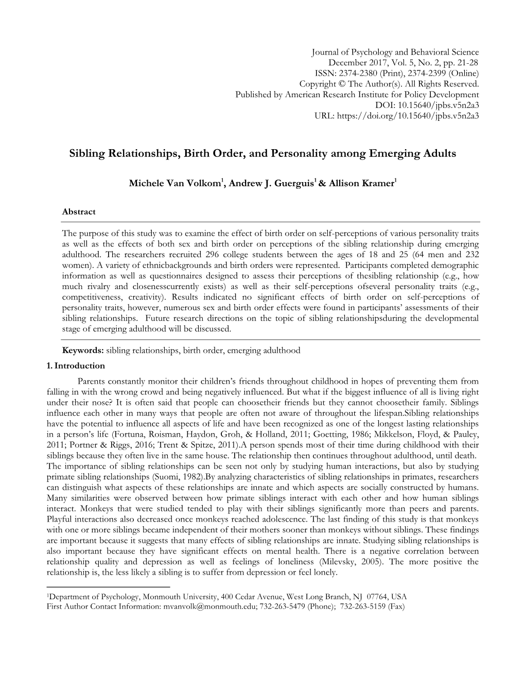 Sibling Relationships, Birth Order, and Personality Among Emerging Adults