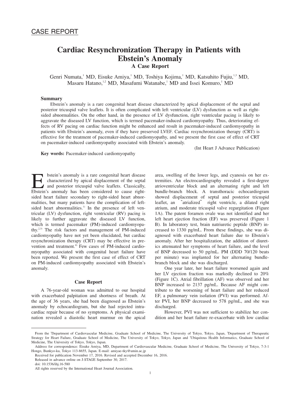 Cardiac Resynchronization Therapy in Patients with Ebstein's Anomaly