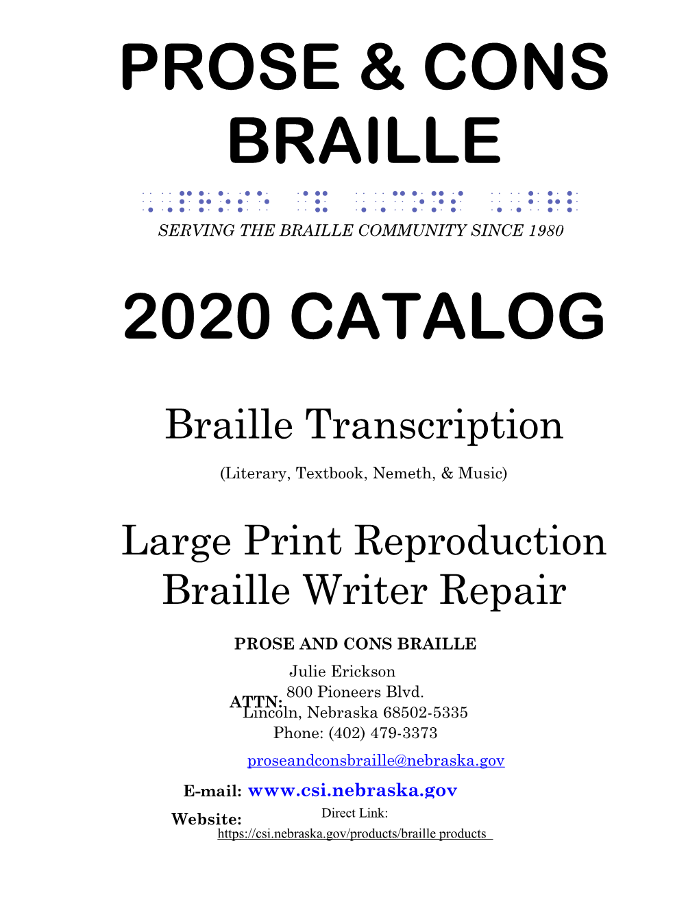 Prose & Cons Braille 2020 Catalog