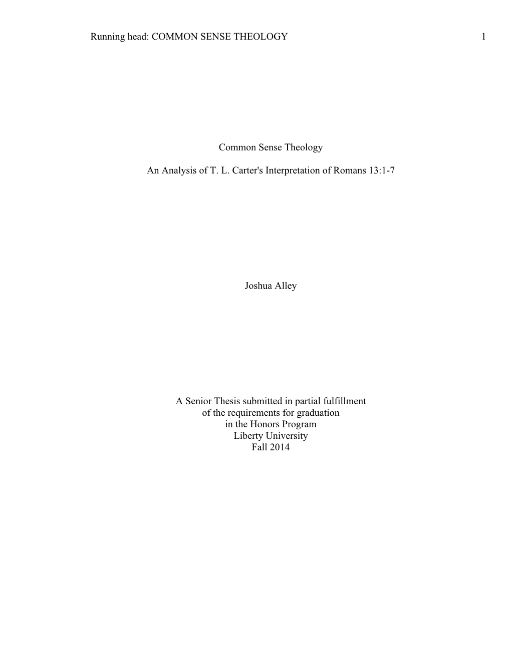 Common Sense Theology: an Analysis of T. L. Carter's