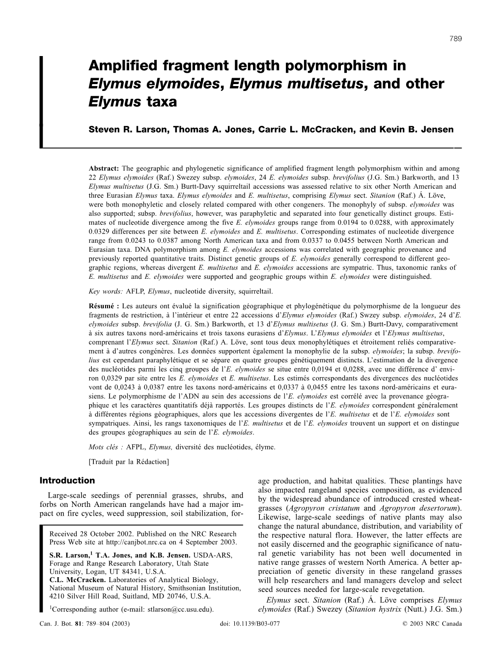 Amplified Fragment Length Polymorphism in E. Elymoides, E