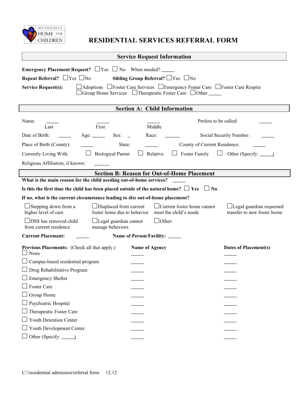 Methodist Home for Children Referral Form