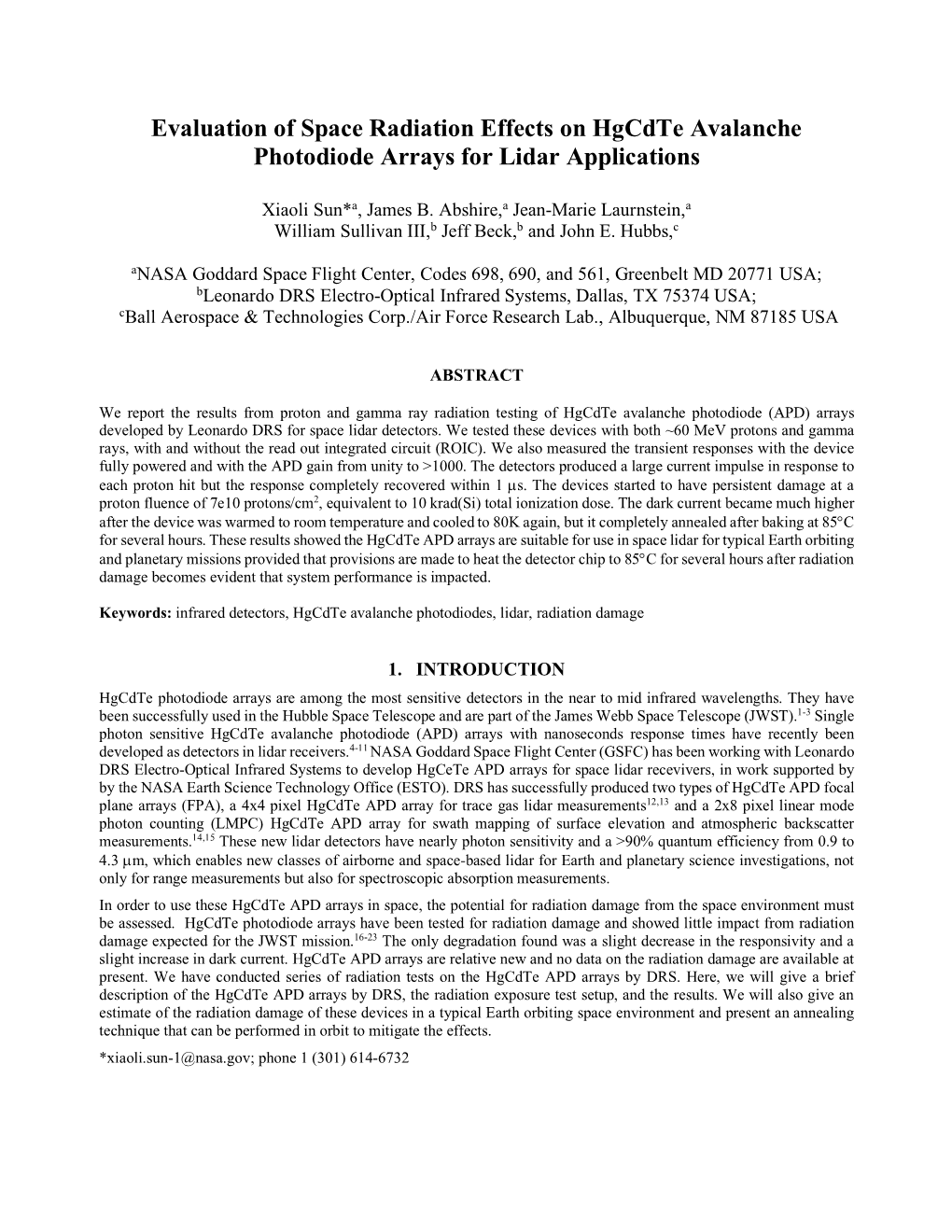 Evaluation of Space Radiation Effects on Hgcdte Avalanche Photodiode Arrays for Lidar Applications