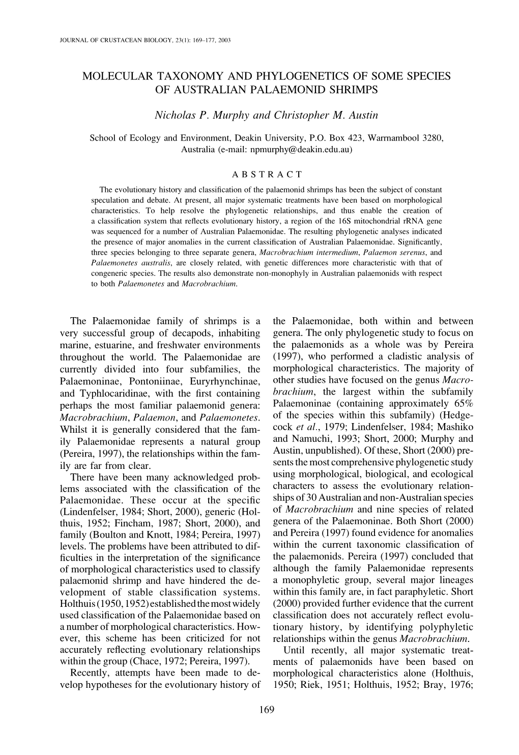 Molecular Taxonomy and Phylogenetics of Some Species of Australian Palaemonid Shrimps