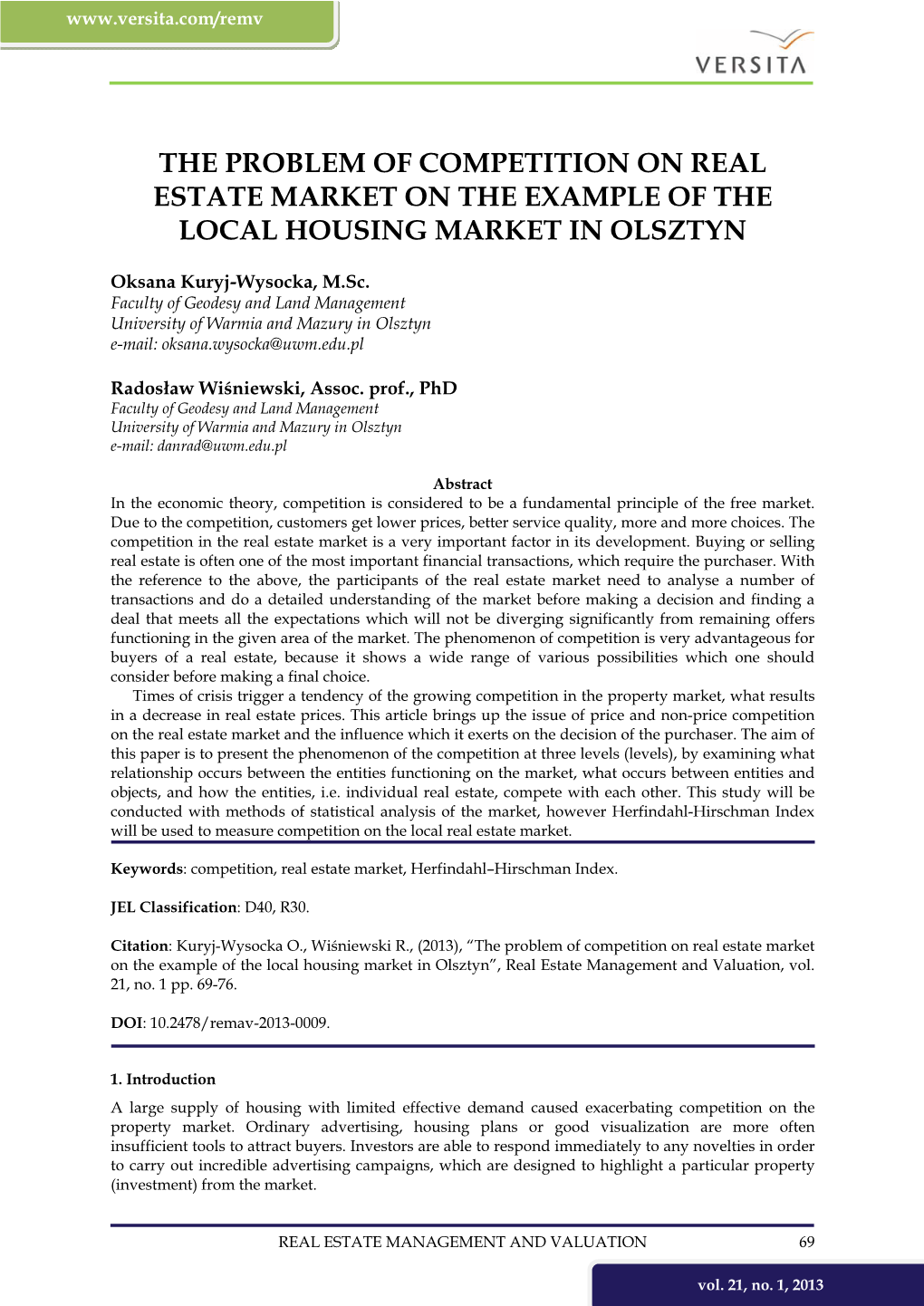 The Problem of Competition on Real Estate Market on the Example of the Local Housing Market in Olsztyn