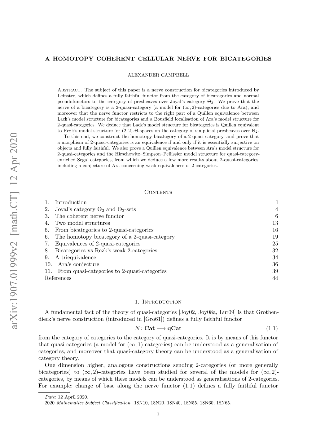 Arxiv:1907.01999V2 [Math.CT] 12 Apr 2020 N : Cat −→ Qcat (1.1) from the Category of Categories to the Category of Quasi-Categories