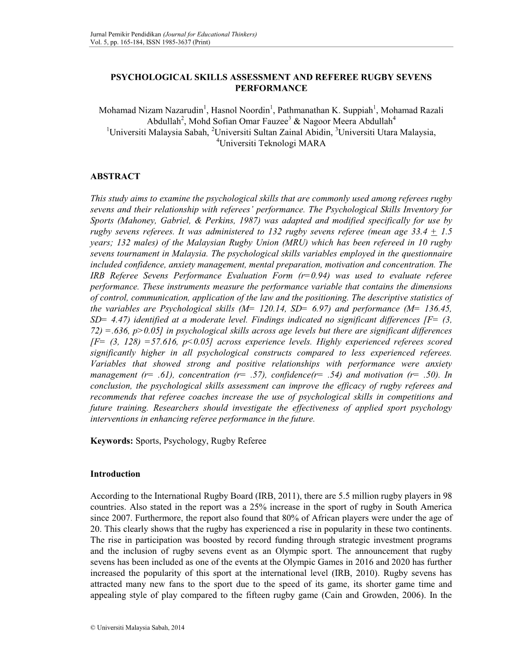 Psychological Skills Assessment and Referee Rugby Sevens Performance