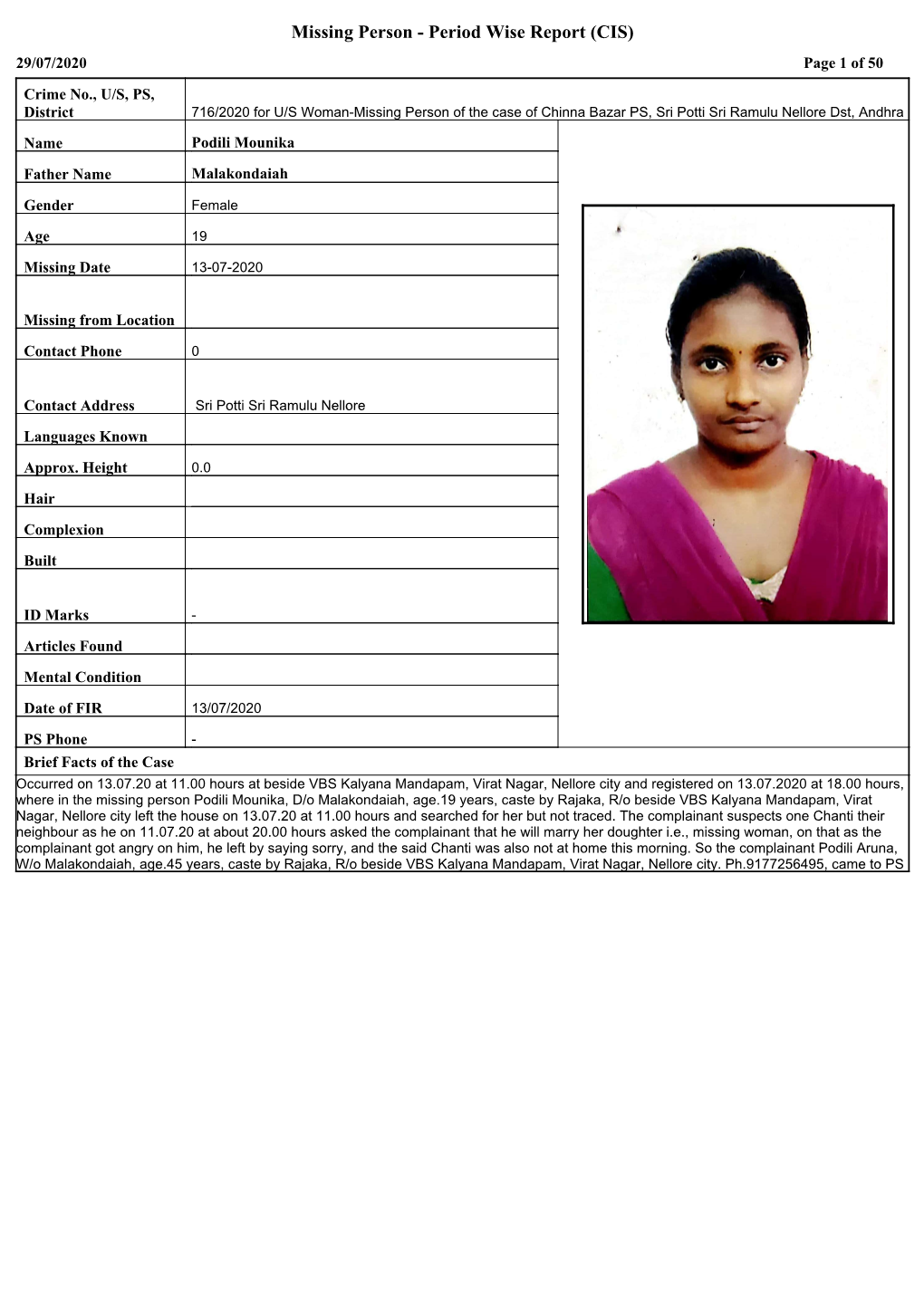 Missing Person - Period Wise Report (CIS) 29/07/2020 Page 1 of 50