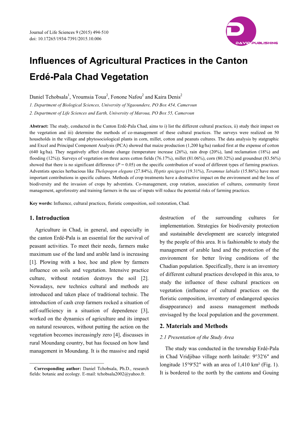 Influences of Agricultural Practices in the Canton Erdé-Pala Chad Vegetation