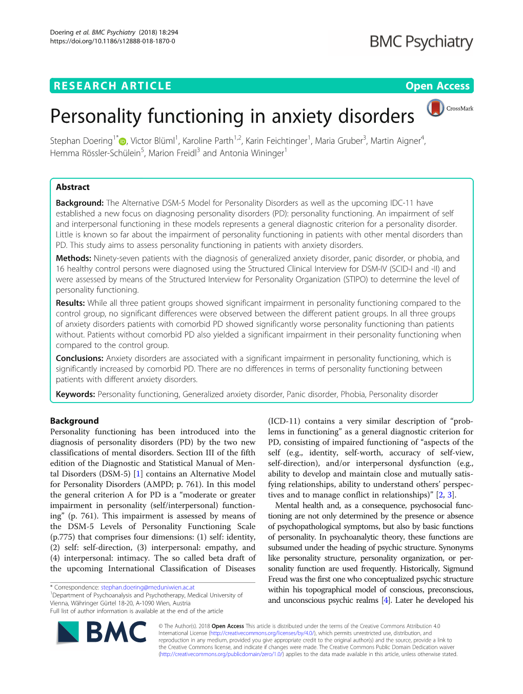 Personality Functioning in Anxiety Disorders