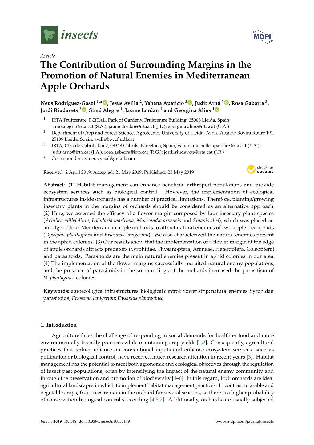 The Contribution of Surrounding Margins in the Promotion of Natural Enemies in Mediterranean Apple Orchards