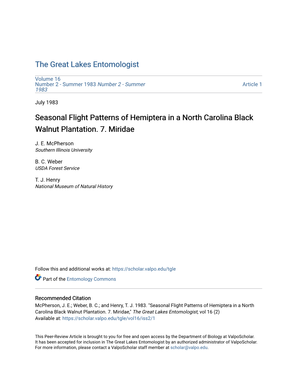 Seasonal Flight Patterns of Hemiptera in a North Carolina Black Walnut Plantation. 7. Miridae