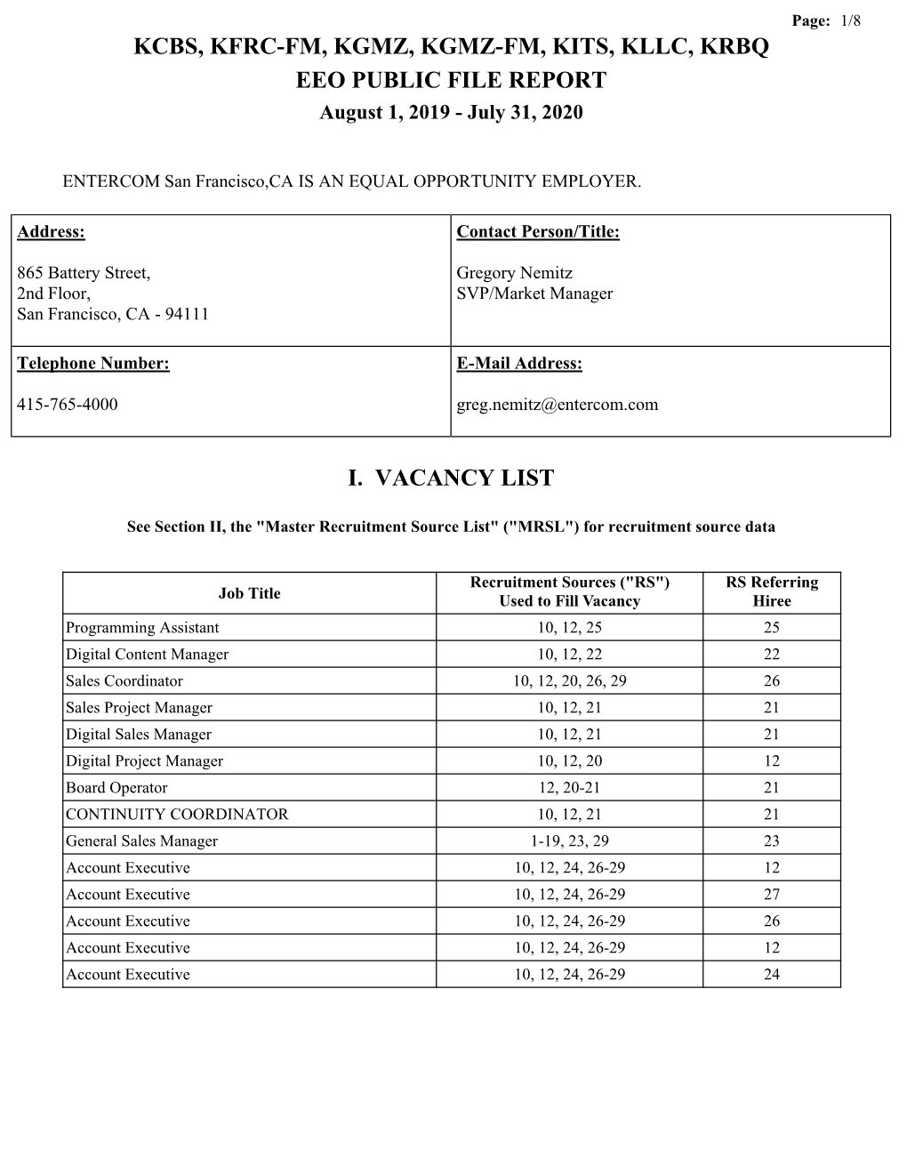 KCBS, KFRC-FM, KGMZ, KGMZ-FM, KITS, KLLC, KRBQ EEO PUBLIC FILE REPORT August 1, 2019 - July 31, 2020