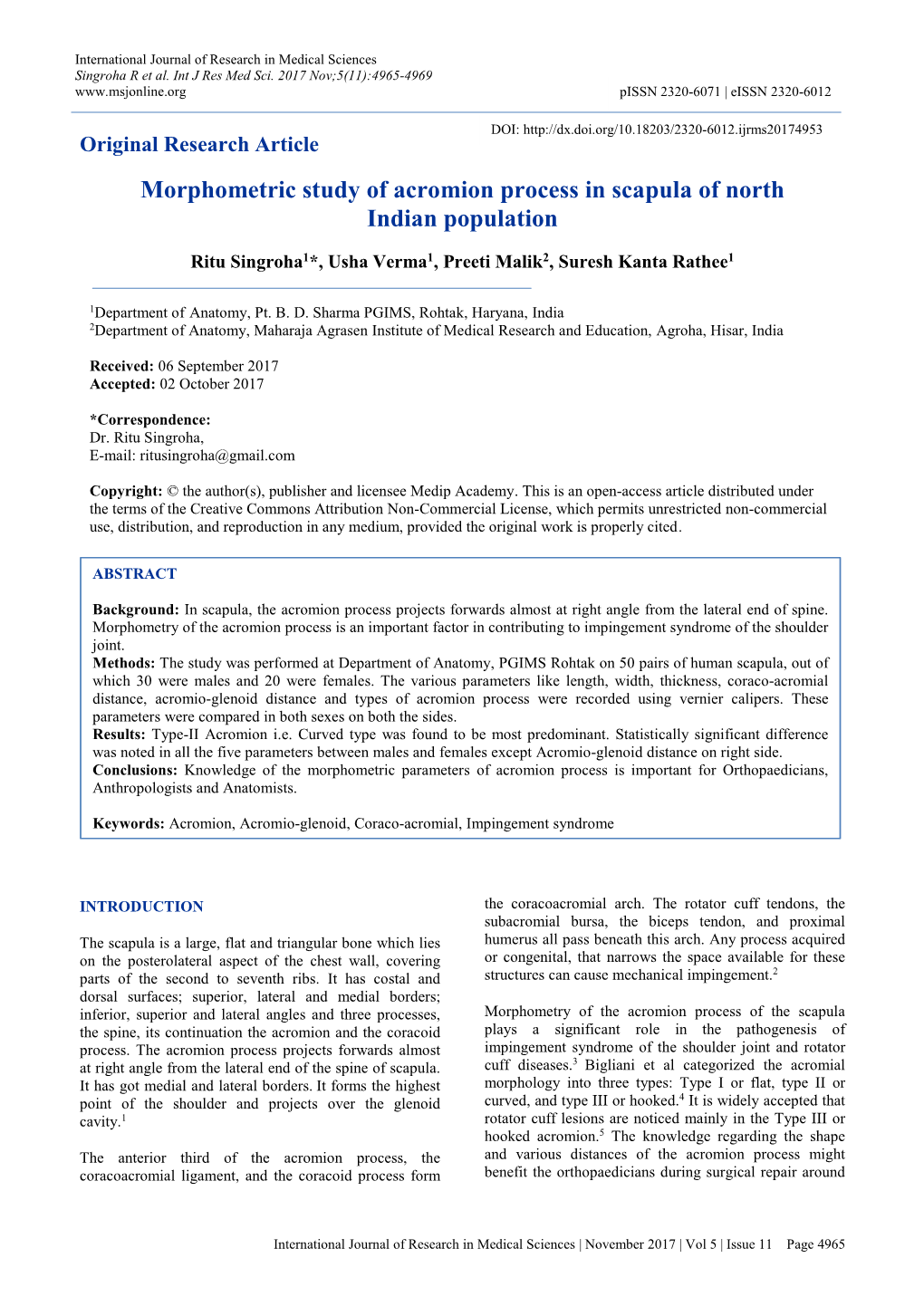 Morphometric Study of Acromion Process in Scapula of North Indian Population